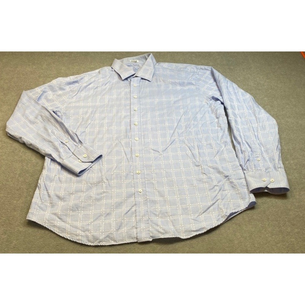 Bugatchi Uomo Button Up Shirt Men 3XL Blue Grid Shaped Fit Long Sleeve Cotton